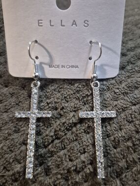 Ella Silver Crystal Cross Drop Earrings